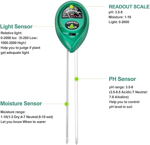 Miniatura 3 de iPower Kit de prueba de suelo 3 en 1 para uso en interiores y exteriores, adecuado para plantas de casa, jardín, césped, granja, paquete de 3,