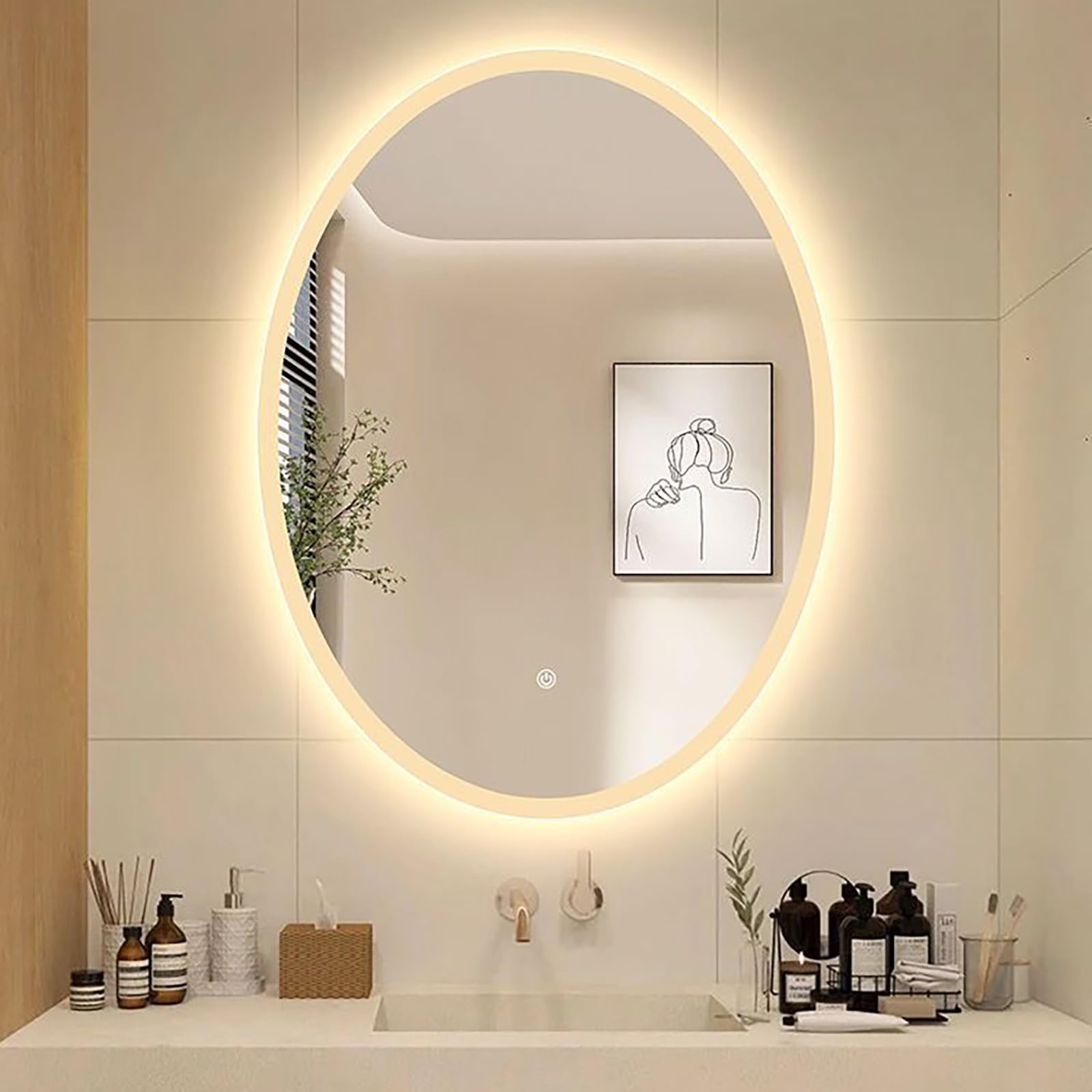FGXHHS Oval LED Illuminated Wall-Mounted Vanity Mirror with 3 Color Lights, Dimmable, Anti-Fog, HD Glass for Makeup & Shaving, Bathroom, Bedroom, Living Room, 50x70cm/19.7x27.6in