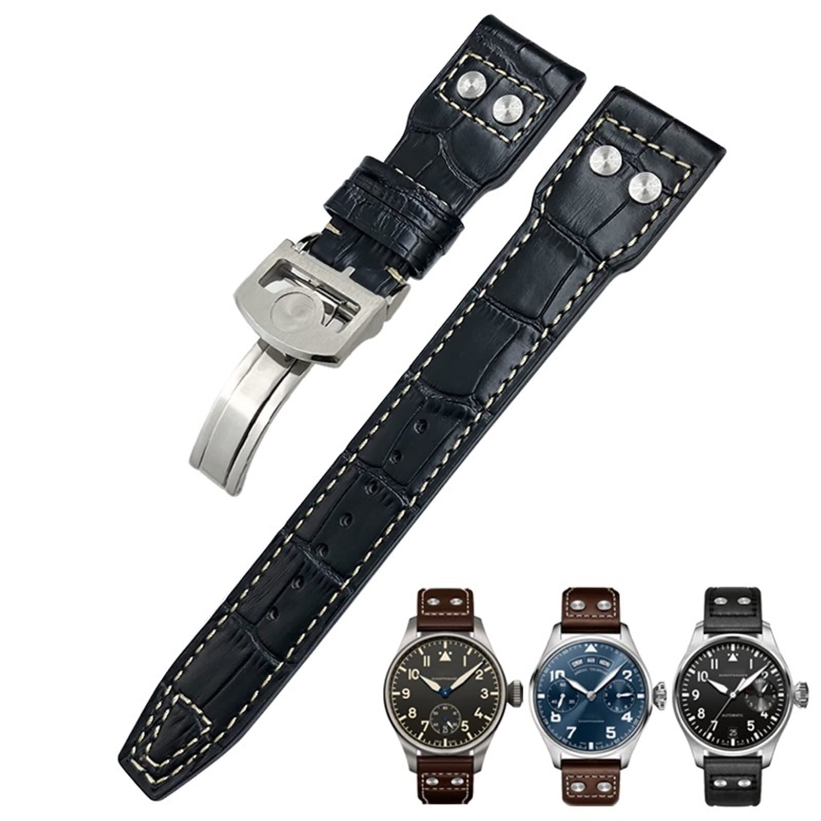 Cinturino in vera pelle con rivetti da 20 mm adatto per IWC Big Pilot TOP GUN Watch IW3777 cinturino in pelle di vitello, Rose Buckle, agata