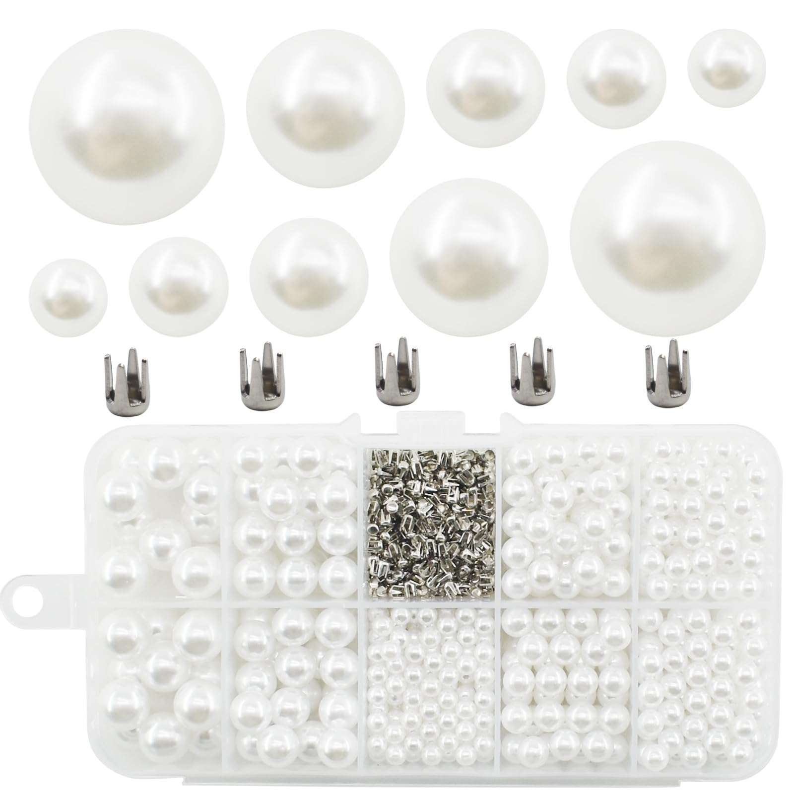 Pearl Setting Machine Accessories Pearl Beads with Rivet Studs Set, Replenishment White Polished ABS Undrilled Art No Hole Imitation Round Pearl Beads, 5 Sizes (White)