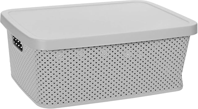 Muddy Hands Diamond Plastic Storage Box with Lid Home Kitchen Bedroom Bathroom Office Stackable Lidded Basket Container (13 Litre, Grey)