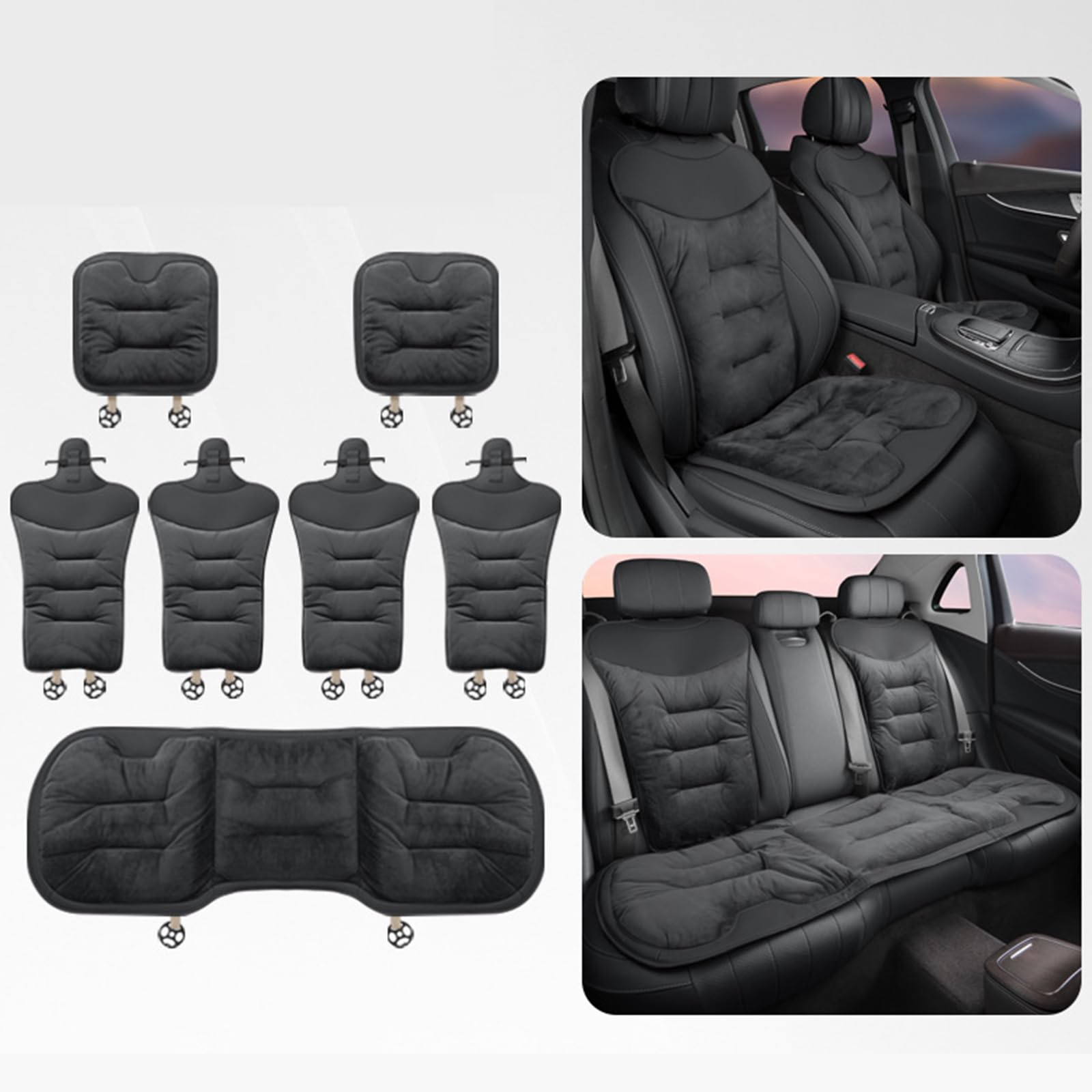 Plüsch Anti Rutsch Autositzauflage, Universal-Autositzbezug, Auto Fahrzeug Sitzschut, Plüsch, rutschfest, für Auto Stuhl (7-teiliges Set,Schwarz)
