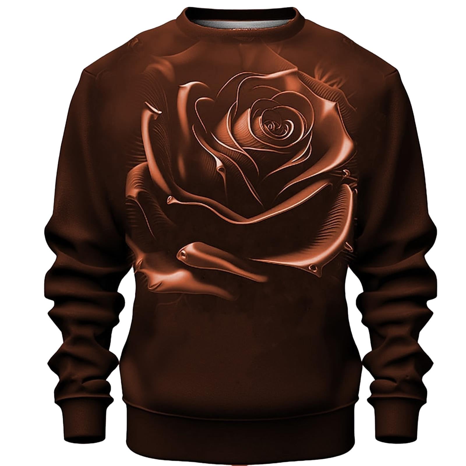 Generisch Valentine's Day Pullover Men's Sweatshirt with 3D Flower Print Long Sleeve Crew Neck Sports Shirt Leisure Vintage Tops Without Hood Sweatshirts Rose Print Pullover Training T-Shirt, orange
