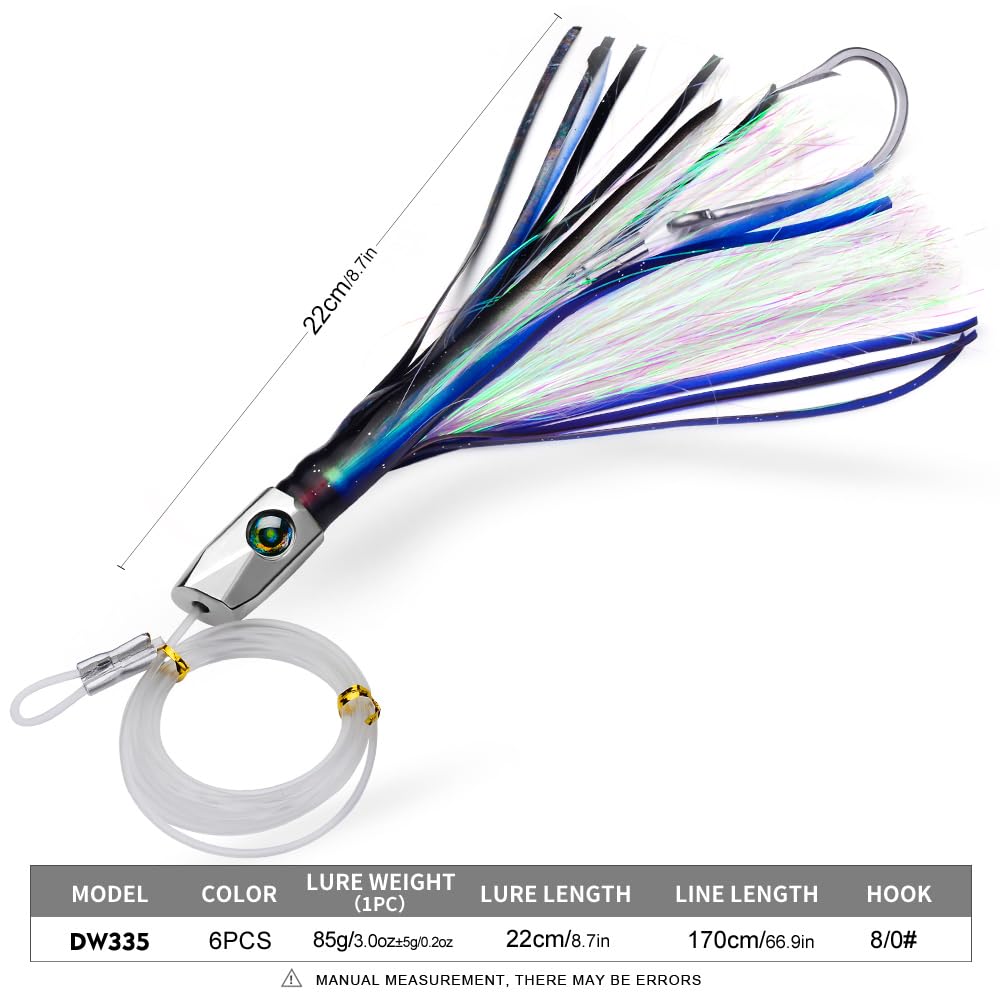 Angelköder für Tiefseefischen, Salzwasser, für Marlin, Thunfisch, Wahoo, Mahi, Delphin, 15,2–22,9 cm, 6-teiliges Köder-Set mit Netztasche