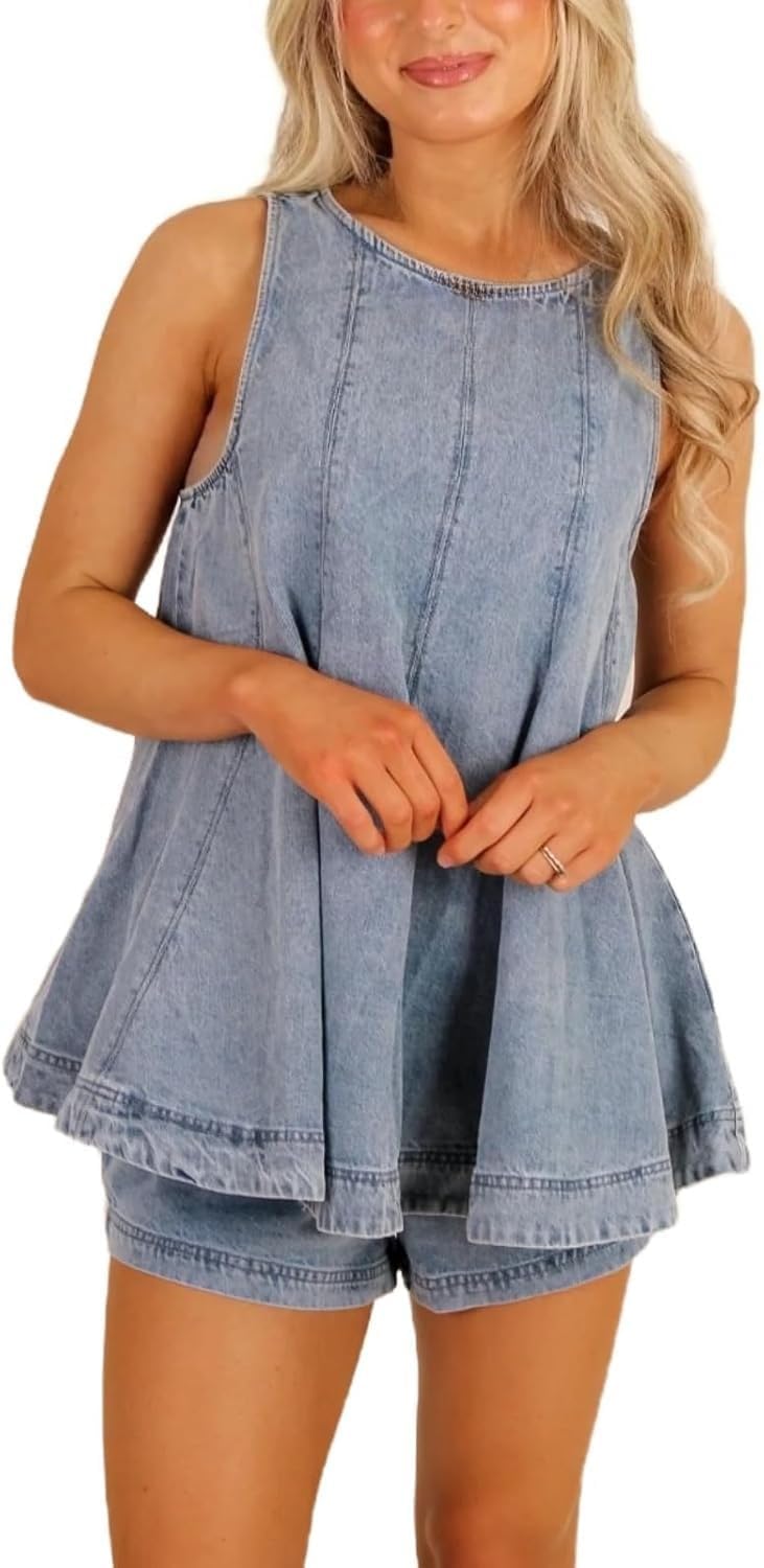 Women's Denim Two Piece Outfit Set, Sleeveless Flared Tank Top & High Waisted Casual Shorts Summer Set