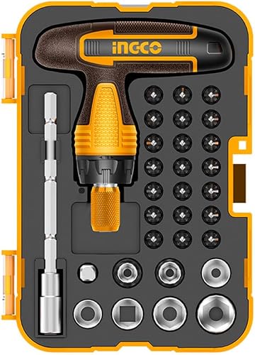Ingco 31-Piece T-Handle Ratchet Wrench & Screwdriver Set | CR-V Steel | Magnetic Bit Holder | Socket & Bits Kit in Plastic Case