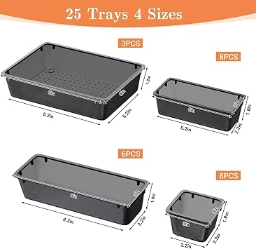 25 PCS Plastic Drawer Organizer, Versatile Organizer Trays & storage Bins | 4-Size Versatile Organizer Trays & storage Bins for Makeup, Jewelry, and Gadgets in Bathroom, Bedroom and Office, Clear Black