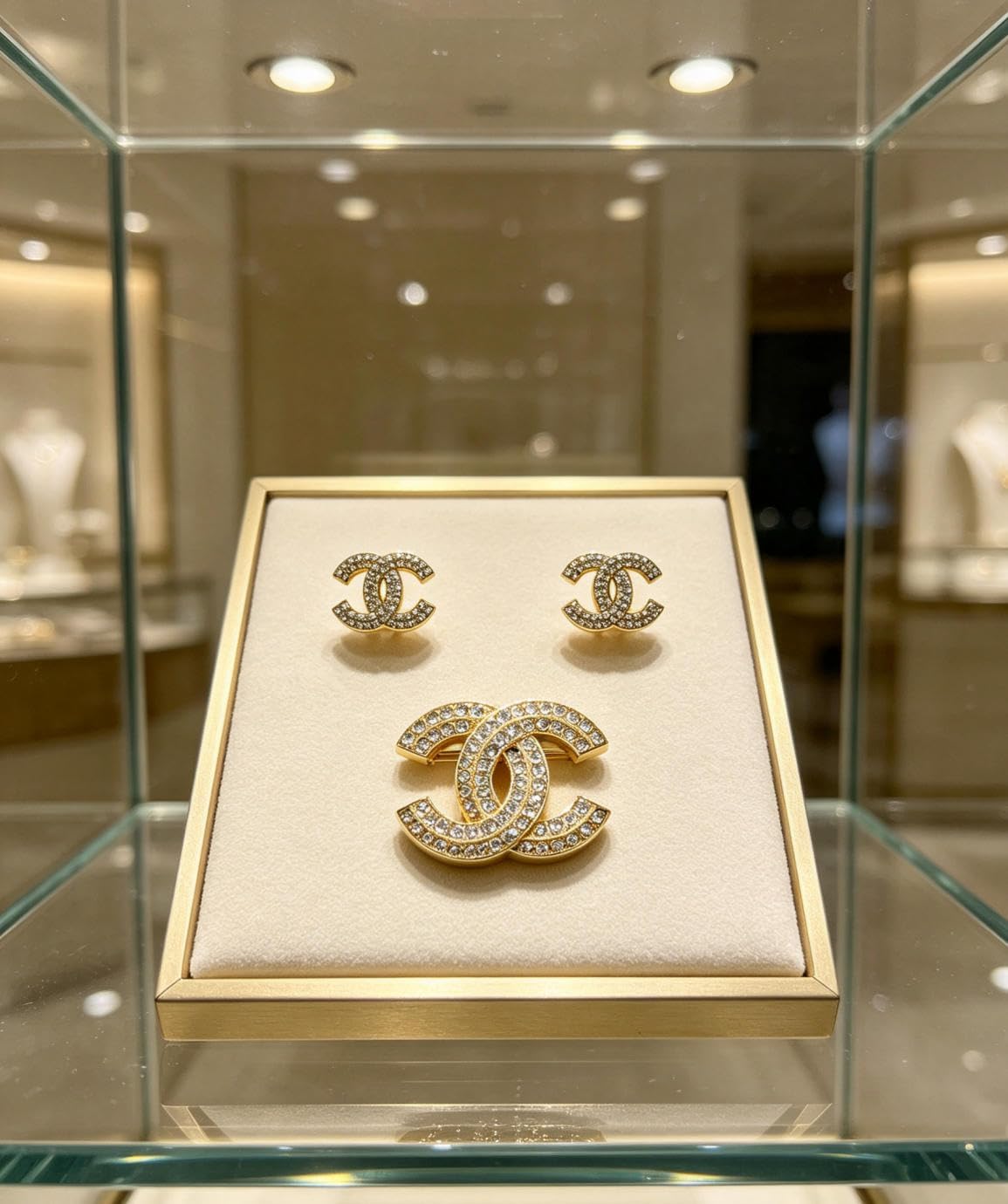 Crystal Rhinestone Logo Brooch and Stud Earrings Set, Gold