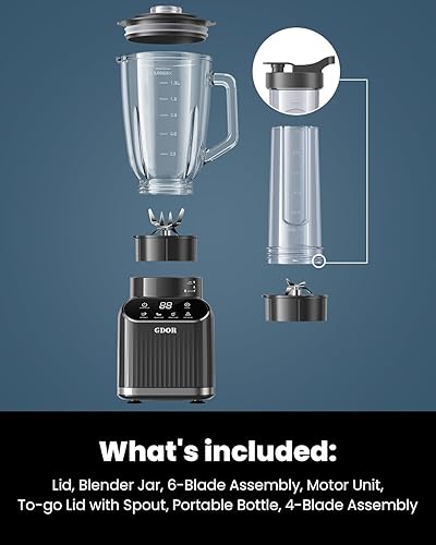 Miniatura 8 de GDOR Licuadora profesional para batidos, 5 funciones, licuadora de batidos de 1200 vatios máximos, tarro de vidrio de 52 onzas y combo de taza para