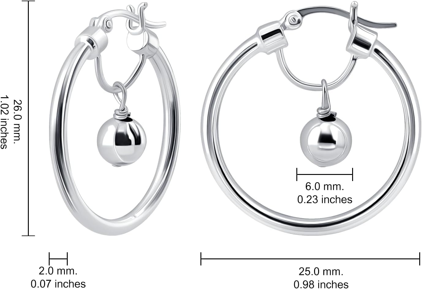 Hoops & Loops 925 Sterling Silver High Polished Dangling Bead Hoop Earrings for Women Men, Silver, Yellow Gold & Rose Gold