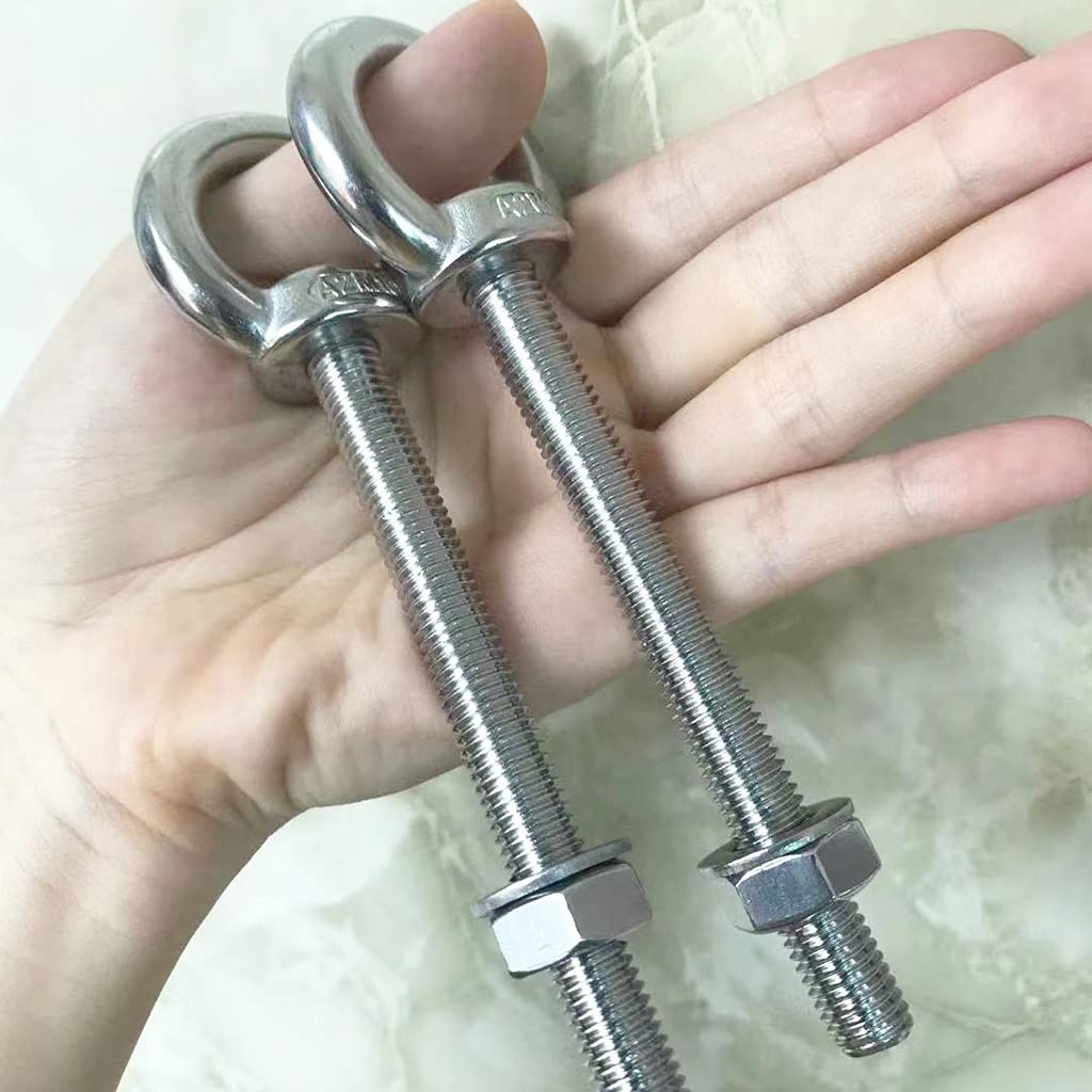Stainless Steel Eye Bolts, 2 Pack M10 Shoulder Eye Bolt 4" Heavy Duty EyeBolts Screws in Eye Hooks with Washer and Nuts for Lifting Ring Eyebolt, Long Shank Thread Length 100mm