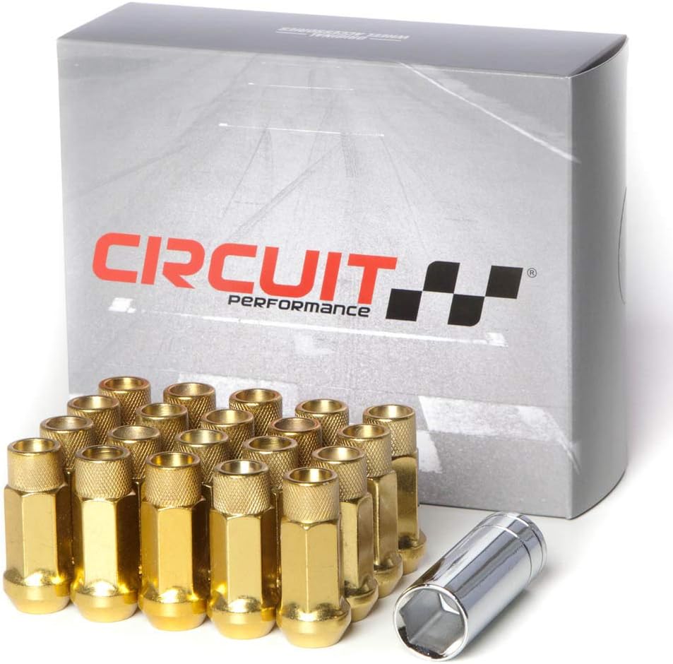 Circuit Performance Forged Steel Extended Open End Hex Lug Nut for Aftermarket Wheels: 12x1.5 Gold - 20 Piece Set + Tool