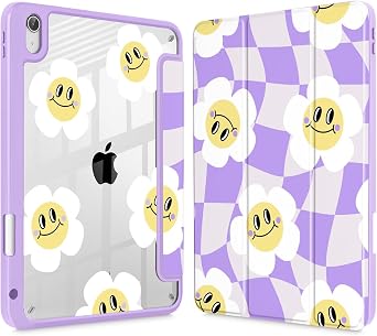 Tuiklol Case for iPad 11 inch A16 Chip 2025 Gen 11th / iPad 10.9 inch 2022 10th Gen, Buit in Pencil Holder with Shockproof Cover Clear Transparent Back Shell Auto Wake/Sleep,Checkered Smile Flowers