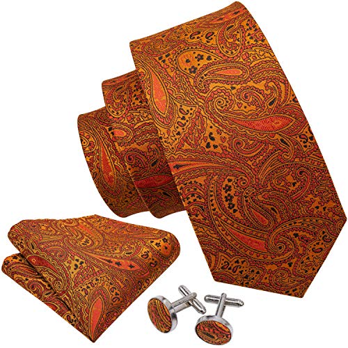 Barry.wang Design Orange Paisley Woven Man Tie Set Fashion Necktie Cufflinks Handkerchief #TOP2