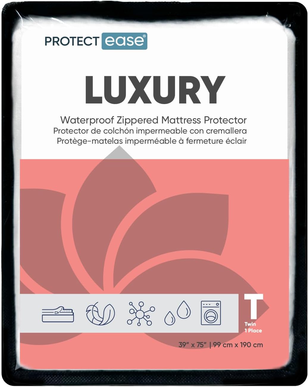 Luxury Zippered Mattress Protector - Waterproof, Water, Spills, Stains Physical Barrier - Noiseless, Machine Washable, Snug Fit with - SMART-Zip Technology, White - Twin Size