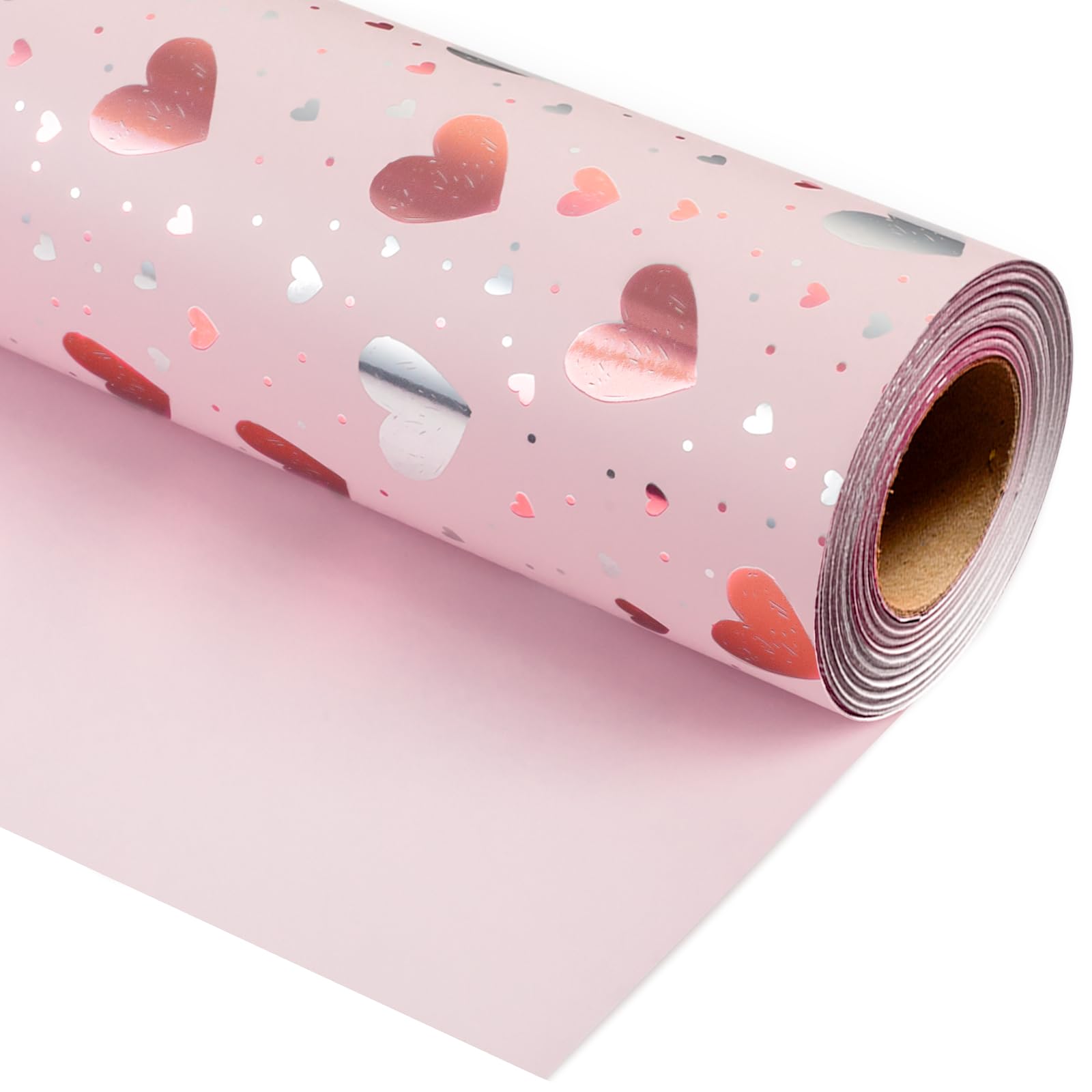 Burymento Gold Foil Heart Wrapping Paper, Reversible Pink Gift Wrap for Birthday, Valentines, Mothers day, Graduation, Wedding, Fathers day, Baby Shower, Christmas (17in x 32.8ft)