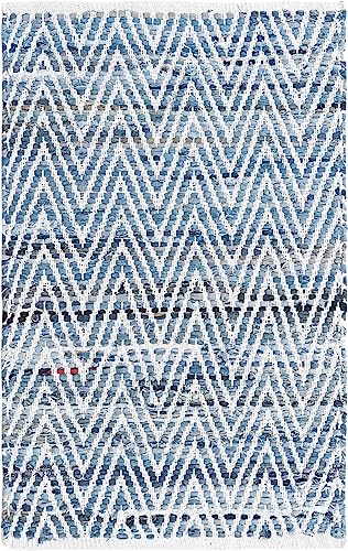 Image of Unique Loom Chindi Chevron Collection Area Rug - Claire (2' x 3' 1 inch Rectangle, Denim /Light Blue)