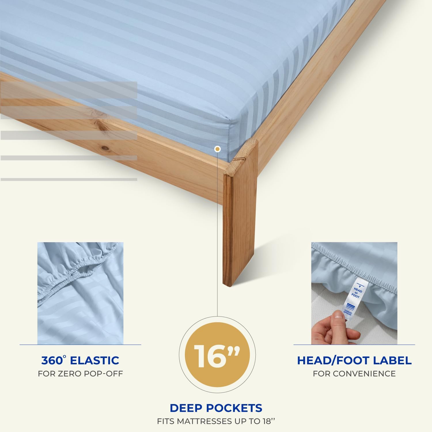 THREAD SPREAD King Size Sheets Set, Luxury 1000 Series Paradise Collection 100% Egyptian Cotton Damask Striped Bed Sheets King Size (4 PC, Light Blue Stripe), Soft 16" Deep Pocket Hotel Sheet Set