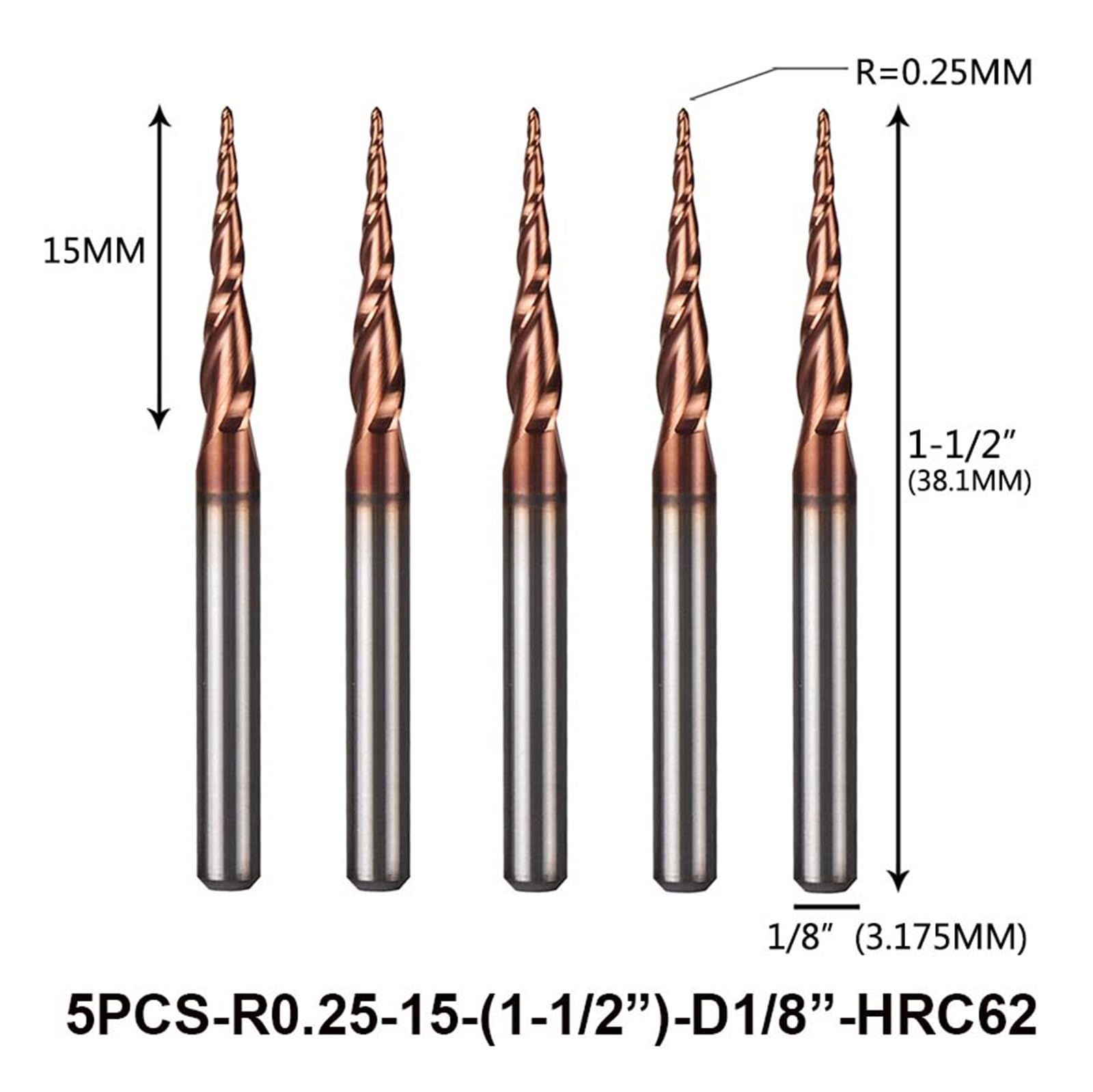 5 Sztuk/partia Węglik Wolframu W Calach Rozmiar Kuli Nos Stożkowy Frez Trzpieniowy Frez CNC Stożek Frez Do Drewna I Metalu | 5PC-R0.25-D3.1-HRC62