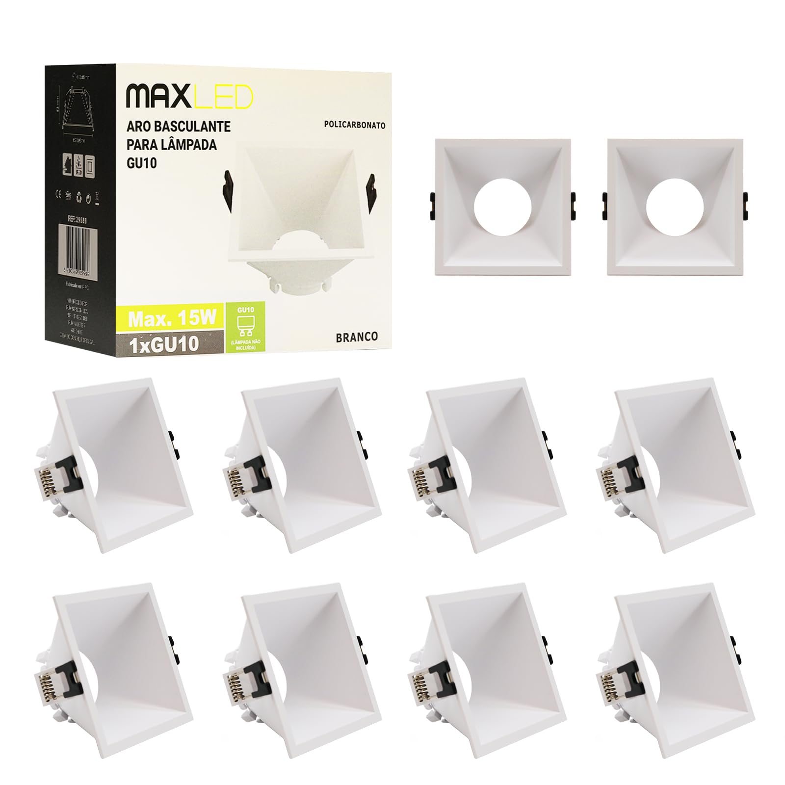 10 Pezzi Cornice Faretti LED Incasso GU10 Portafaretto Incasso Foro 83 x 83mm per LED e Alogeno Portalampade GU10 Quadrato Bianco PC Dimensioni: 93mm x 93mm x 55mm