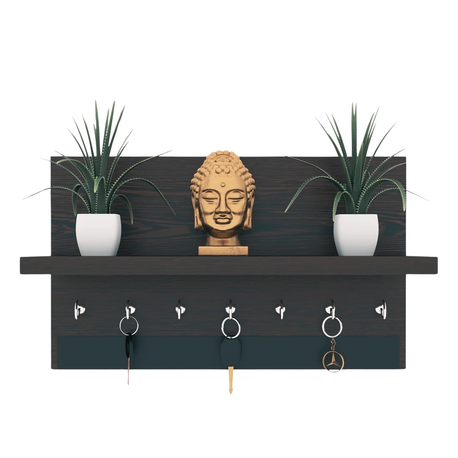 Wall Mounted Key Holder Shelf with 7 Hooks, Wood Finish, Space-Saving Design (BLACK)-image-9
