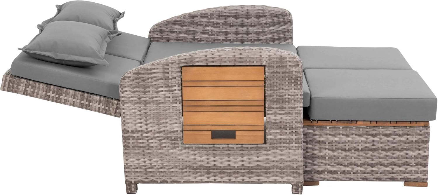 greemotion Gartensofa mit Liegefunktion Bahia Tobago - Sonnenliege mit 5-fach verstellbarer Rückenlehne - Gartenlounge mit zwei klappbaren Seitentabletts - Loungesofa inkl. Hocker 117x93x74 cm | 117 x 93 x 74 cm