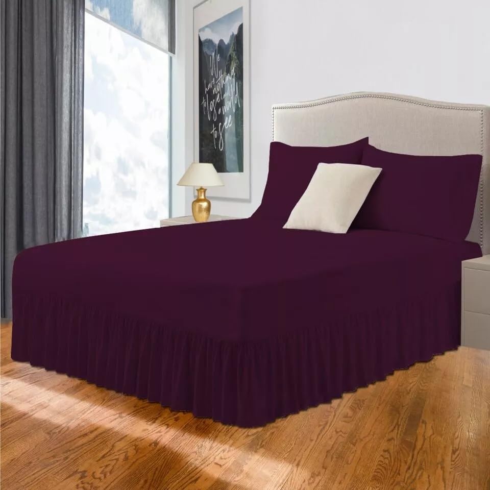 Plain Dyed Valance Sheet Deep Drop Valance Fitted Sheet in 22 colours Non-Iron Soft Fabric (PLUM KI)