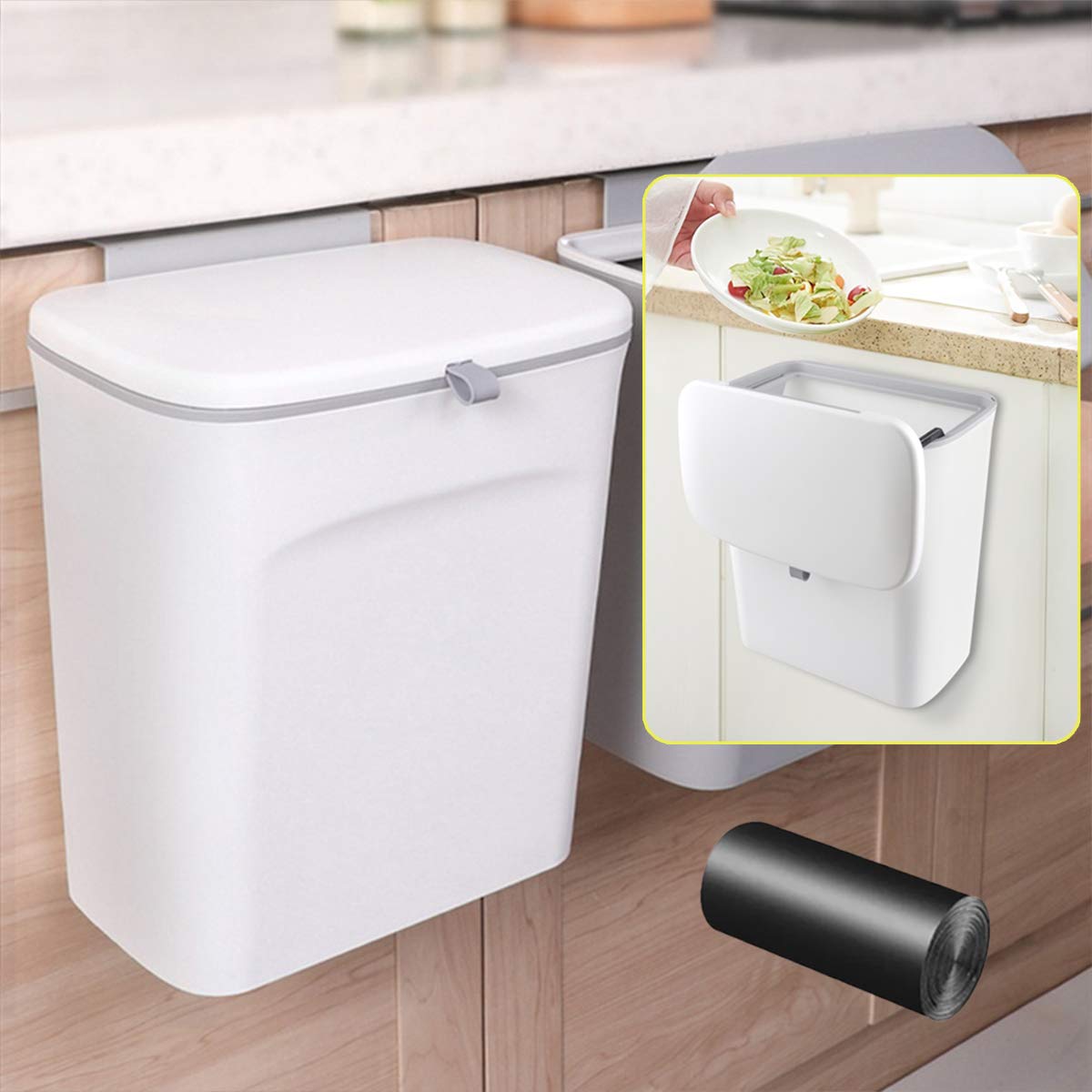 AYADA Hanging Trash Can with Lid, Hanging Garbage Can Lid for Kitchen Cabinet Door in Cabinet, Hanging Door Mounted, Under Sink Door Trash Bin RV Bathroom (White)