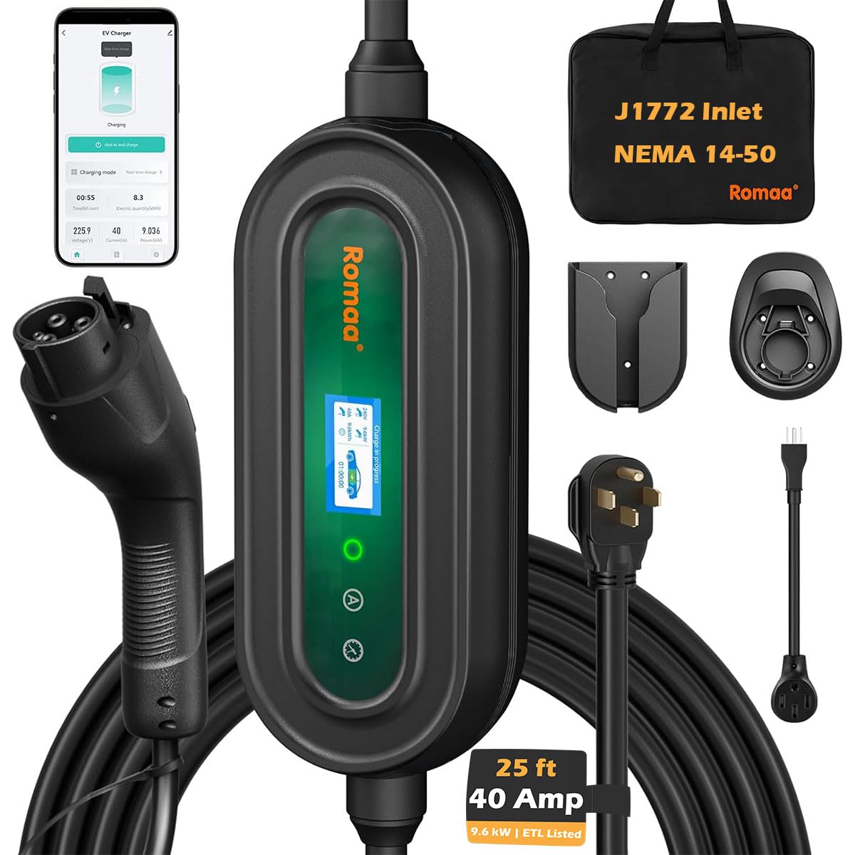Romaa EV Charger Level 2 40 Amp – Portable J1772 9.6kW 240V Charger, ETL Listed (UL 2594/2231) & FCC, NEMA Type 4 IP66, NEMA 14-50 Adjustable 16–24–32