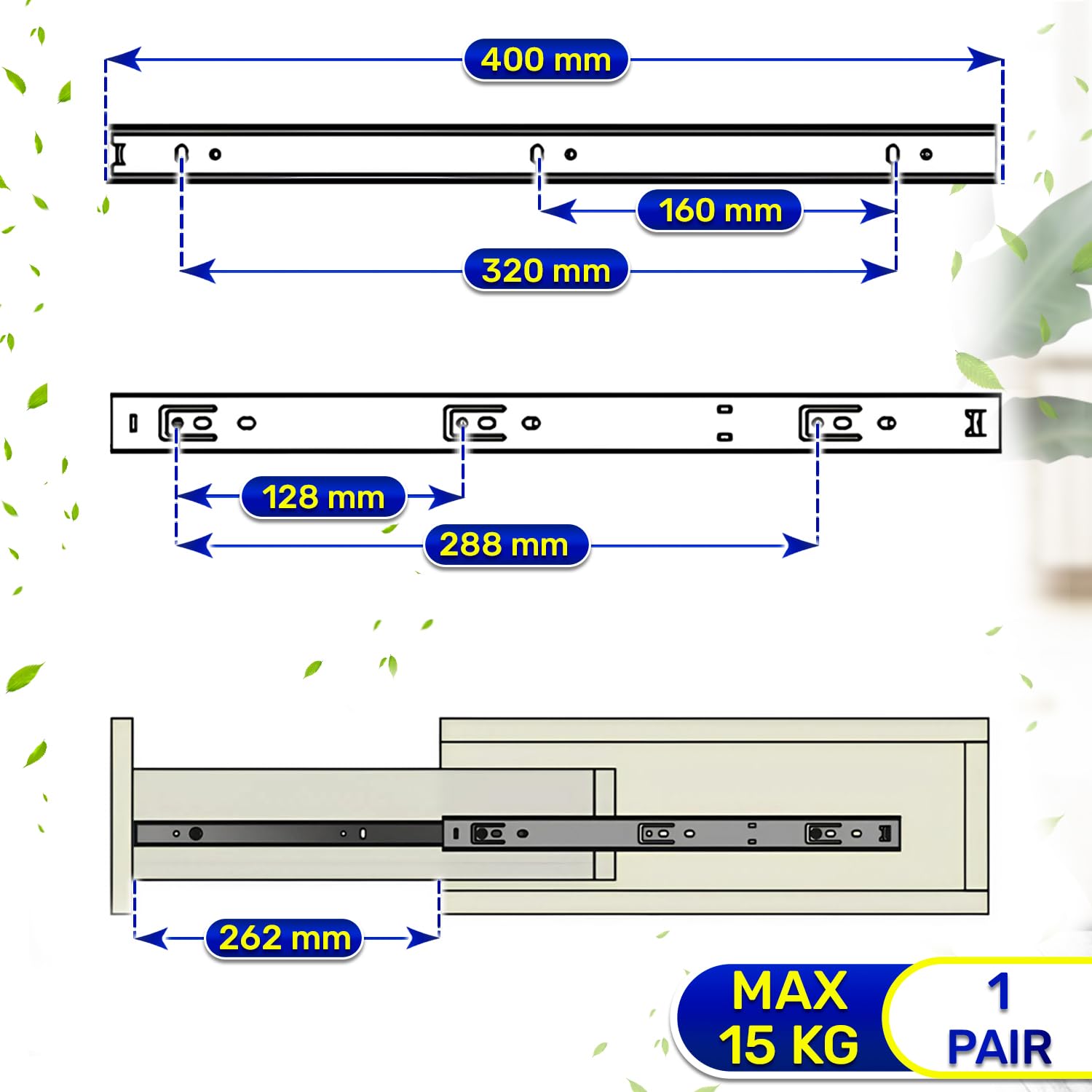 1 Pair Ball Bearing Drawer Runners 400mm x H 27 mm, Telescopic Draw Runners Replacement Have a Partial Extension of 262 mm - Image 2