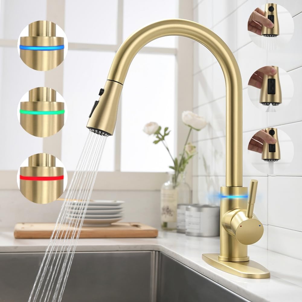 VIDEC KW-68J Smart Kitchen Faucet, 3 Modes Pull Down Sprayer, Smart LED For Water Temperature Control, Ceramic Valve, 360-Degree Rotation, 1 Or 3 Hole - View #9