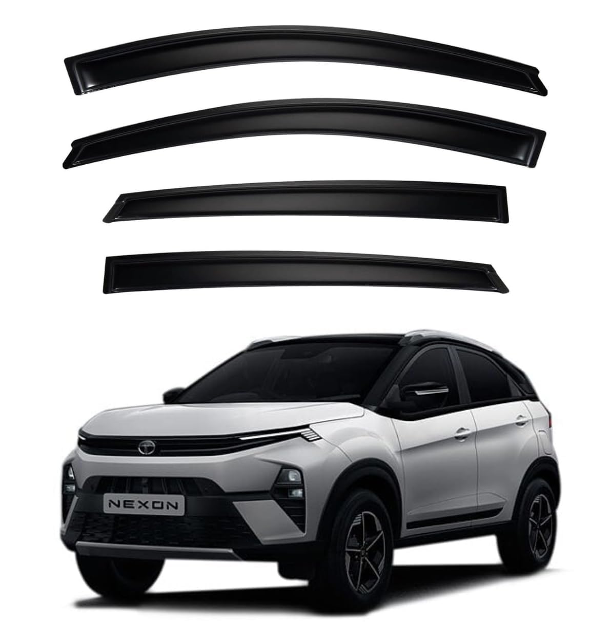 Premium Smoke Car Door Visor Front+Rear Sun/Rain Guard Outside Mount Tape-On Window Visors Compatible with Tata Nexon (2025-2026)