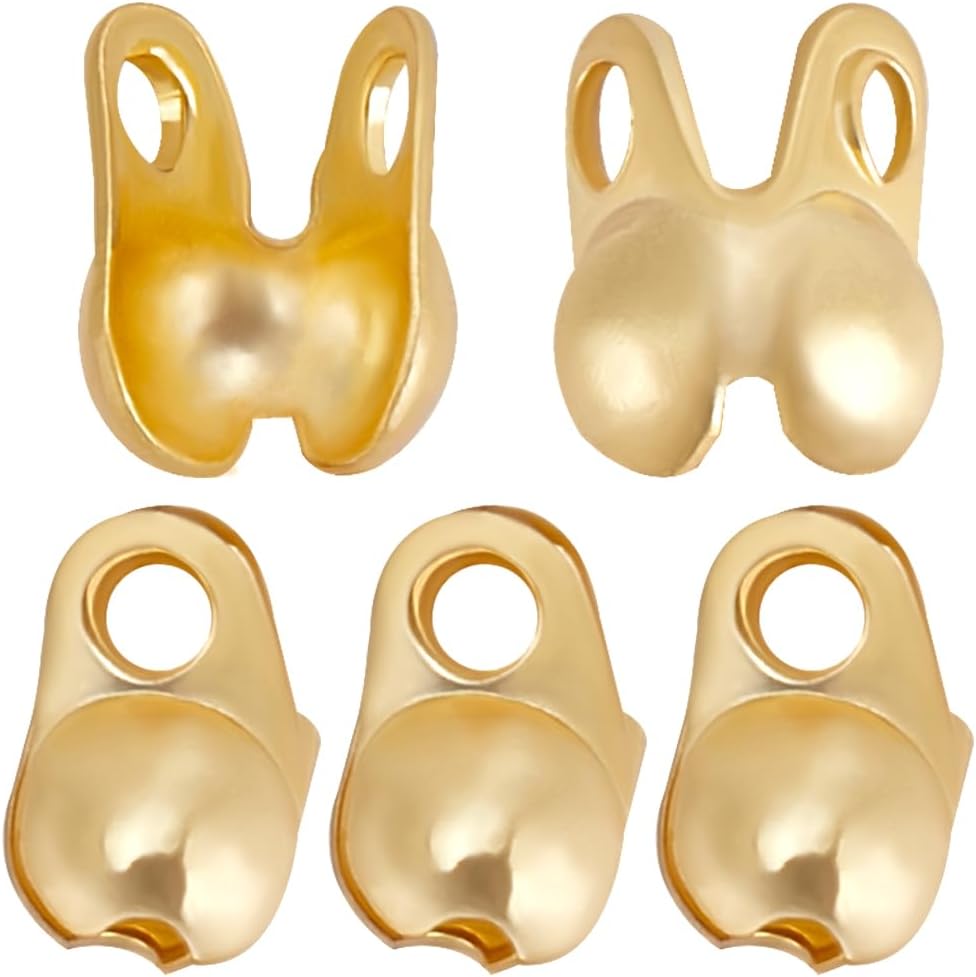 Beebeecraft 1 Box 150Pcs Bead Tips 18K Gold Plated Brass 4mm Long Knot Covers Clamshell End Cap Crimps Beads Ball Chain Connector Clasp for Jewellery Craft Making