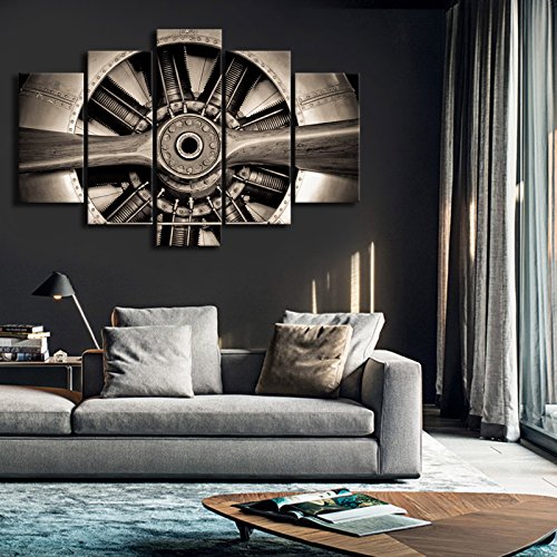 Klvos Xlarge 5 Panels Vintage Canvas Art Wall Decor Turbine Plane Propeller Jet Engine Closeup Framed Airplane Decor For Living Room Ready To Hang 40"X60" #TOP5