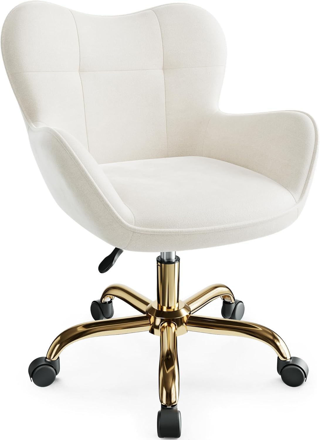 Vanity Chair with Wheels, Cute Desk Chairs Adjustable Height for Bedroom, Modern Makeup Chair with Back (White) Beige Gold Base