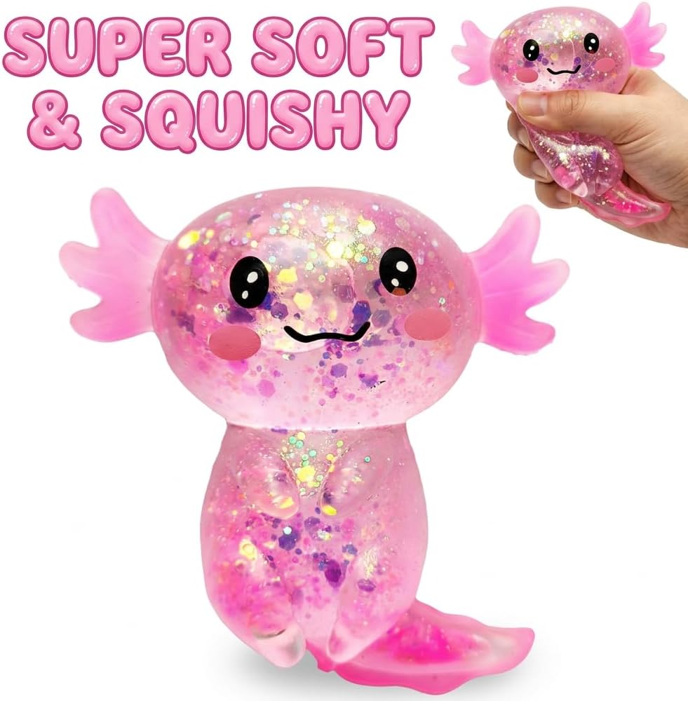 Axolotl Squishy Stress Relief Toy, Glitter Axolotl Fidget Toy, Soft Stretchy Sensory Squeeze Toy for Teens & Adults, Cute Desk Stress Toy for Relaxation, Party Favor & Gift Idea, Pink image 3