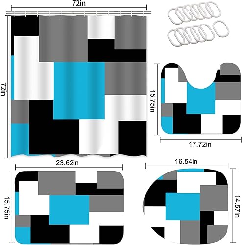 Miniatura 7 de KINUUIS Juego de 4 cortinas de ducha de baño azul claro, juego de baño gris y negro, blanco moderno con alfombras y accesorios, cortina de ducha