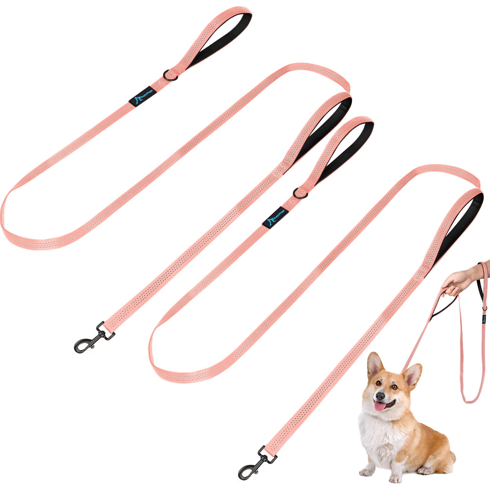 Guinzaglio per Piccola Media Cani 1,8m con 3 Cuciture Riflettenti, 2 Manici Imbottiti Traffico, Guinzaglio per Cani per Corsa, Camminata, Allenamento (1,8 m x 1,5 cm, Rosa 2 Confezione)