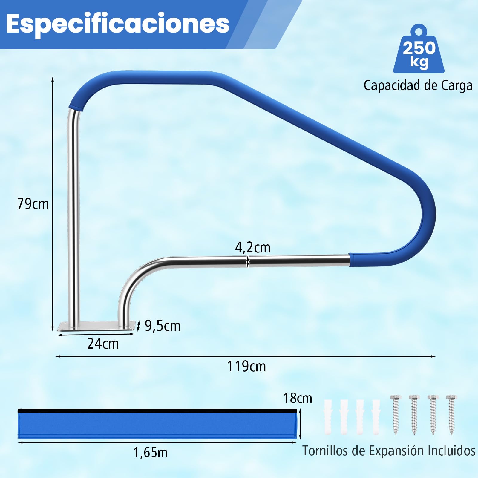 COSTWAY Barandilla Piscina de Acero Inoxidable 304, Pasamanos de Piscina de 119 x 79 cm, Carga 250 kg, con Funda Antideslizante Extraíble y Base de Instalación Rápida, para Escalera Piscinas, SPA (1)