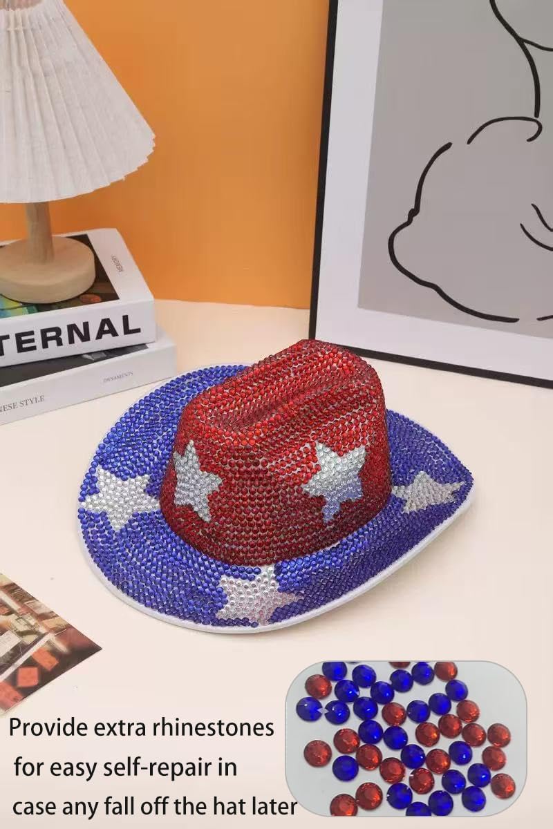 Red White Blue Rhinestone Cowboy Hat for Women, Patriotic Cowgirl Hat