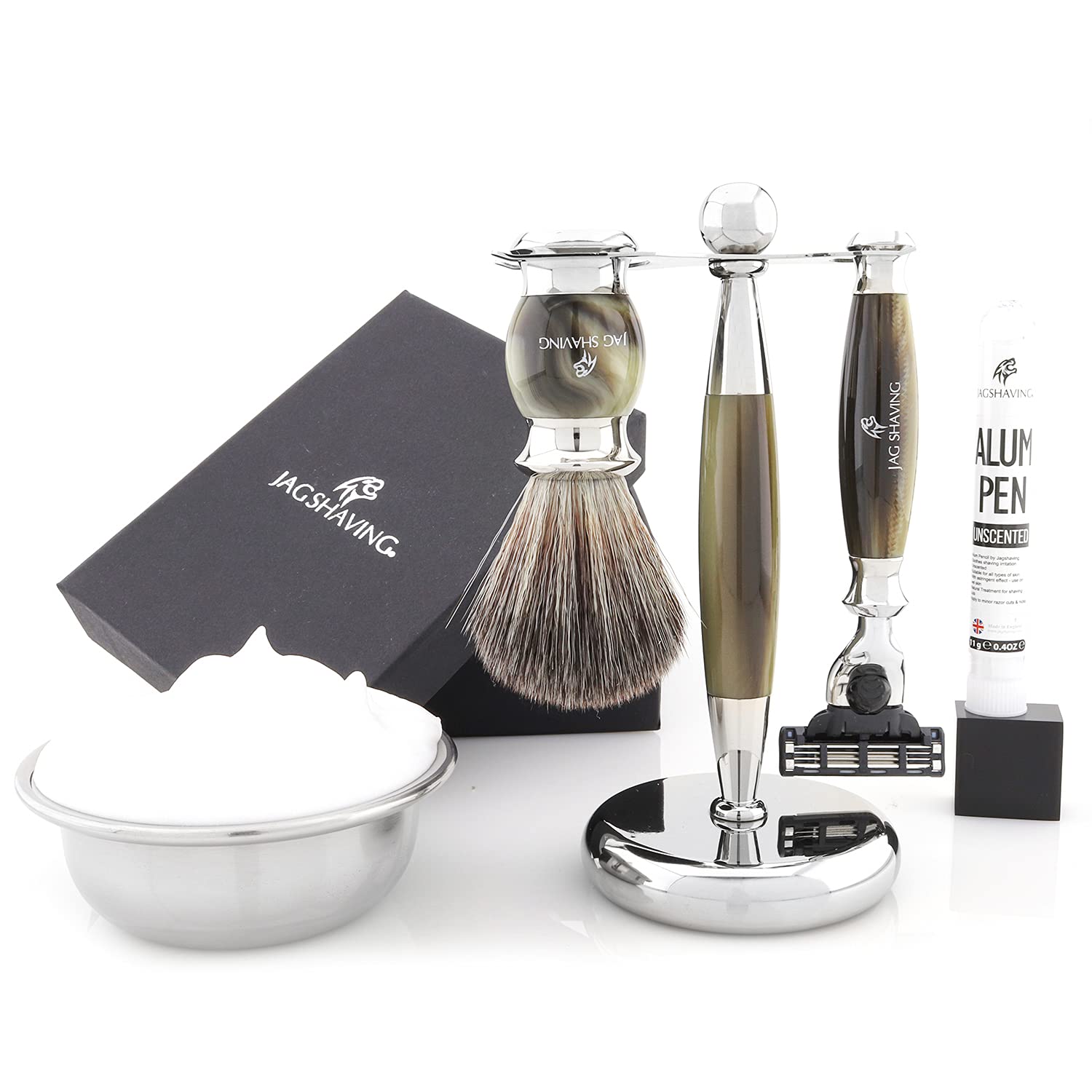 Jag Shaving zestaw do golenia - 4-częściowy zestaw do golenia - Jag's Lee Range - włosie syntetyczne - 3 ostrza do golenia - stojak do golenia - kolor zielony hornimitacja