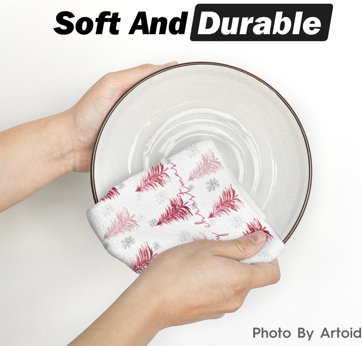 Artoid Mode Pink Xmas Tree Merry Christmas Kitchen Towels Dish Towels, 18x26 Inch Farmhouse Snowflakes Holiday Decoration Cleaning Set of 2 - Image 5