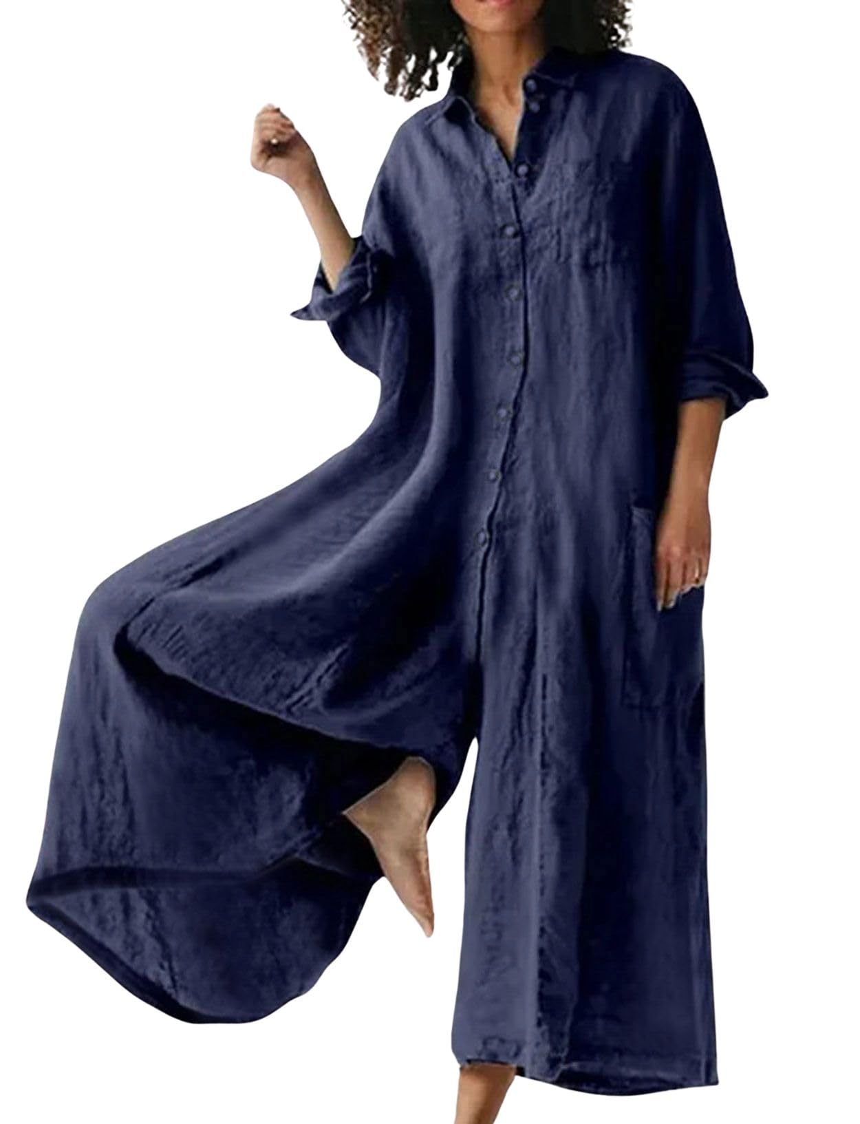 chartou Women Linen Button Down Long Sleeve Wide Leg Jumpsuit Beach Palazzo Pants One Piece Jumpsuit-picture-21