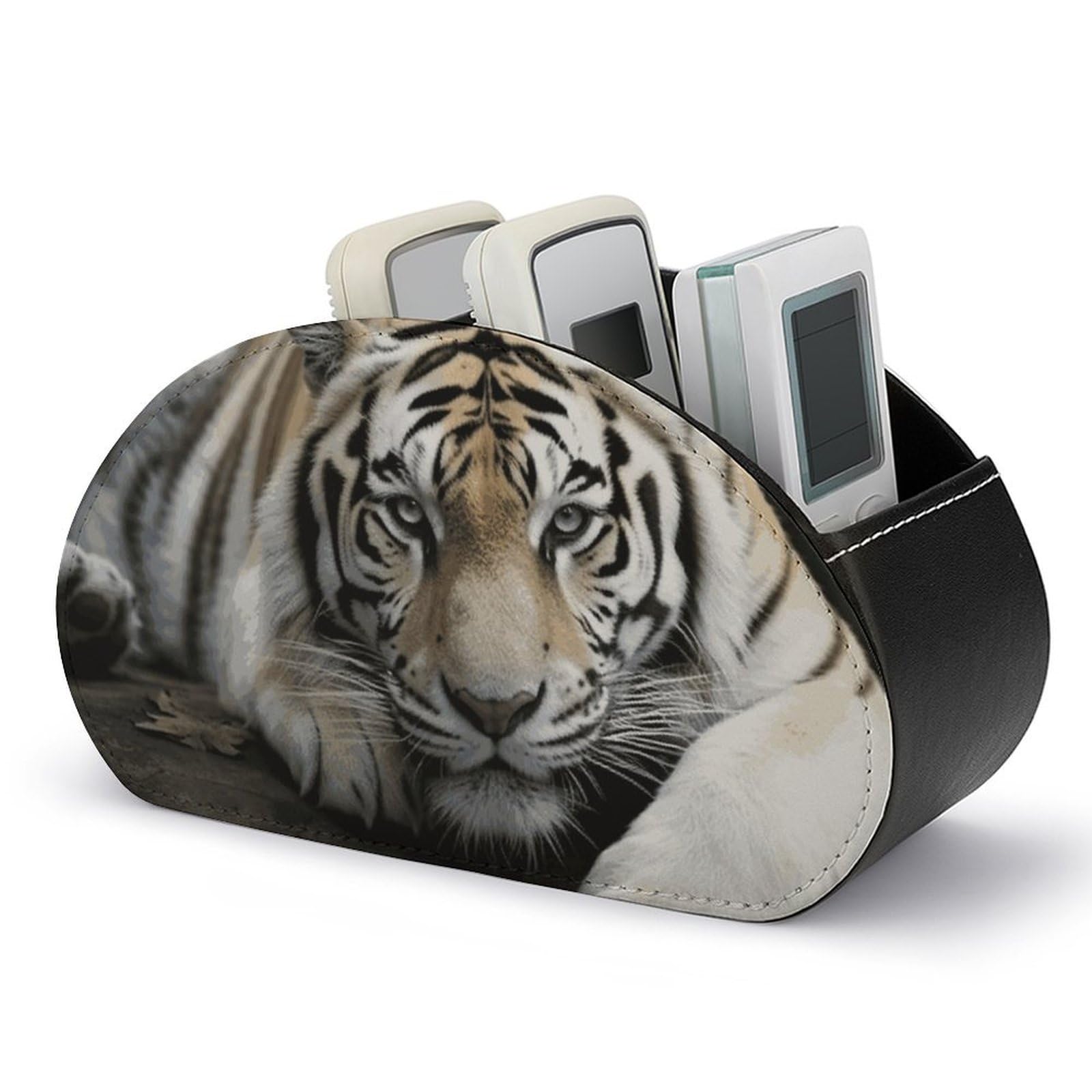 JTREHY Tiger Lion Lock Remote Control Holder with 5 Compartments PU Leather Remote Caddy Box Multifunctional Desk Holder Organizer Box Tray Bedside Table Storage Organizer