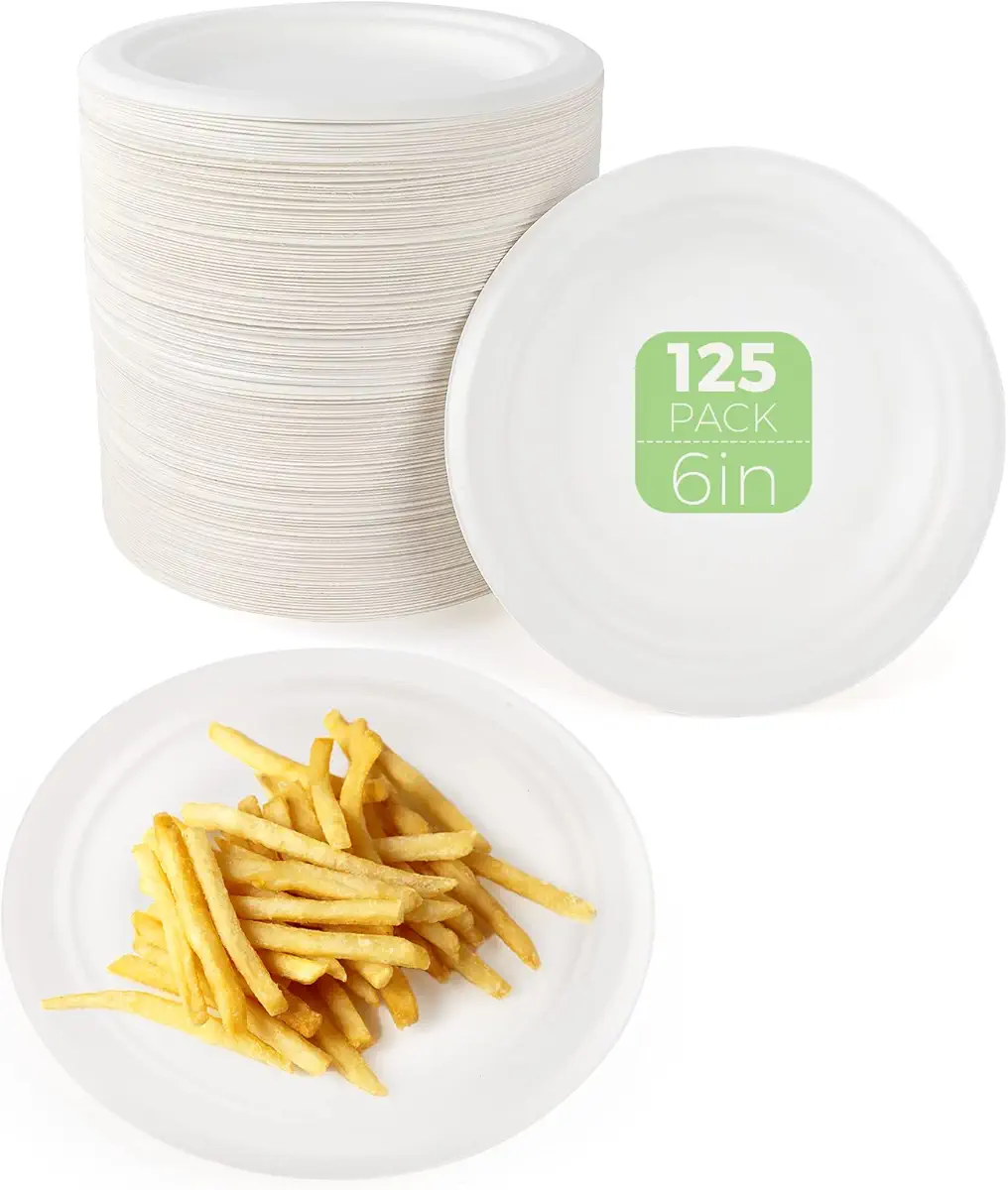 Azure Zone, 6 Inch-125 Pack, Compostable Paper Plates, Natural Sugarcane Bagasse Fiber Biodegradable, Disposable Plates Heavy-Duty, Eco-Friendly Paper Plates