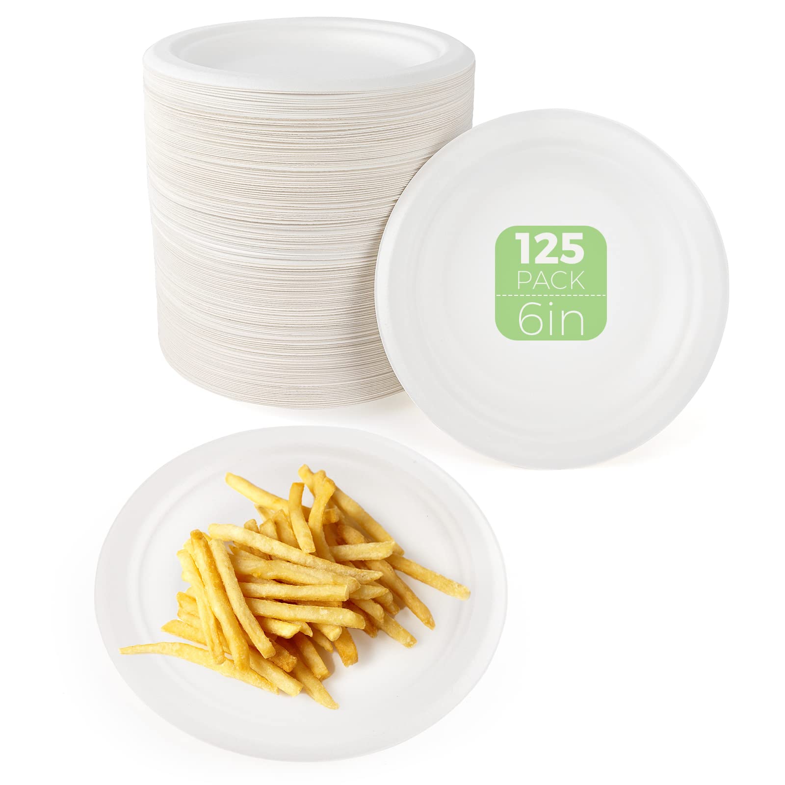 Azure Zone, 6 Inch, Compostable Disposable Plates, 125 Pack Sugarcane Bagasse Paper Plates, Biodegradable Plates