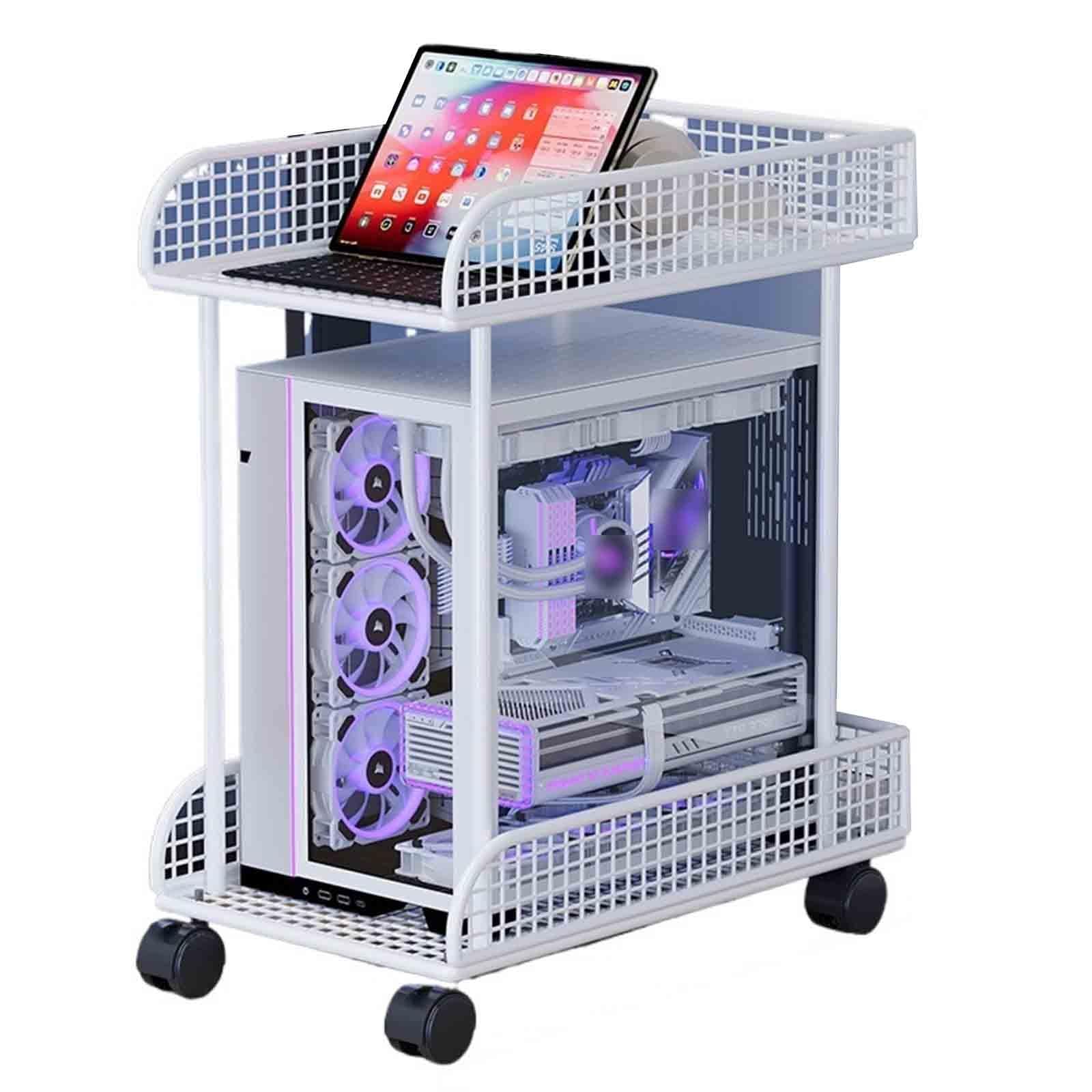 Movible Soporte Pc Bajo Mesa Almacenamiento Portátil Impresora Soporte para Pc con Ruedas Rotación De 360° Carro para Pc para Cibercafés(25 * 45 * 55cm,White - Large Net)
