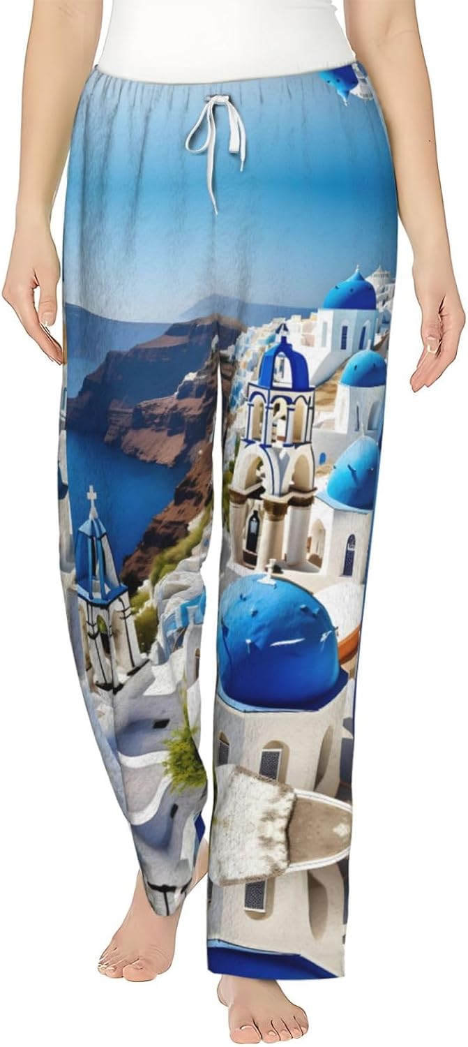 Greek Island Sea View Print Cozy Flannel Pajama Pants For Women,Warm Christmas Pj Pants,Cute Fleece Pajamas