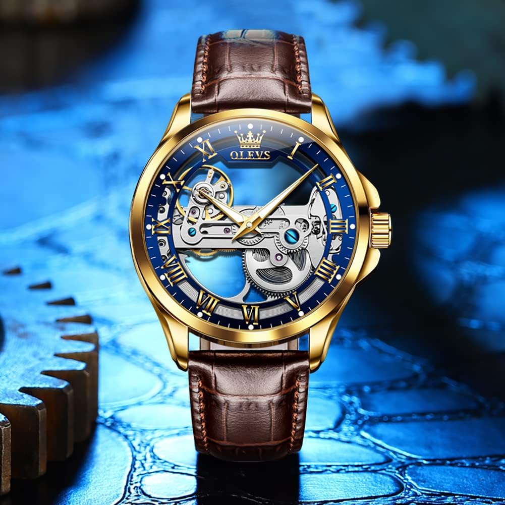 OLEVS Skeleton Watches for Men Automatic Self Winding Mechanical Luxury Dress Leather Waterproof Luminous Men Wrist Watch - Image 3