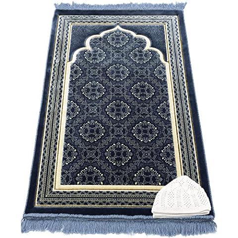 Modefa Turkish Islamic Prayer Rug - Soft Velvet Janamaz Praying Carpet - Comfortable Muslim Praying Mat for Men & Women - Ramadan or Eid Gift - with Kufi Prayer Cap - Elegant Swirl (Blue) Cover